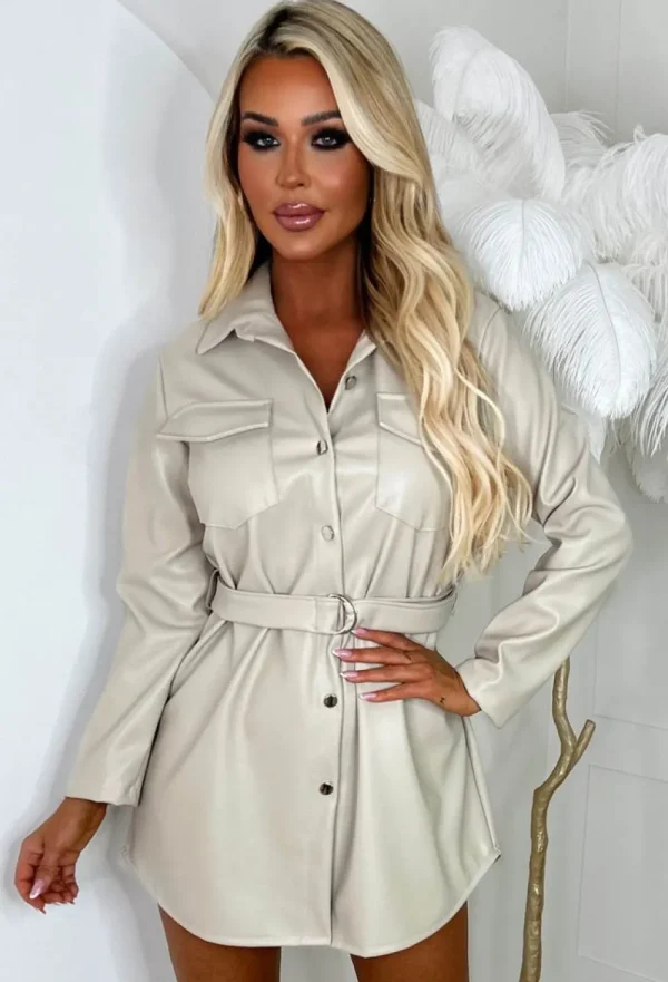 J5 FASHION Lisa Marie Nude Belted Stretch Faux Leather Shirt Dress<Women Dresses