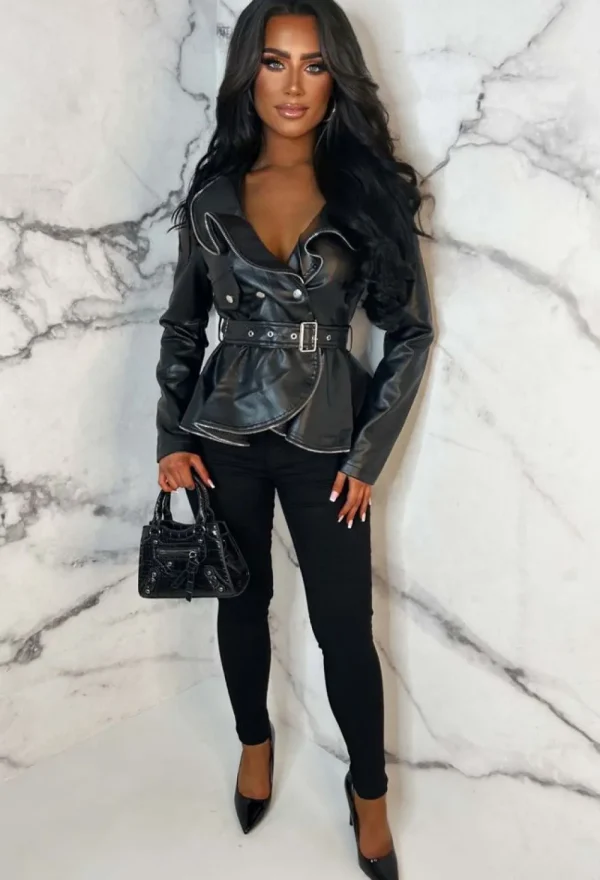 BE YOU Living Legend Black Faux Leather Peplum Belted Jacket<Women Coats And Jackets