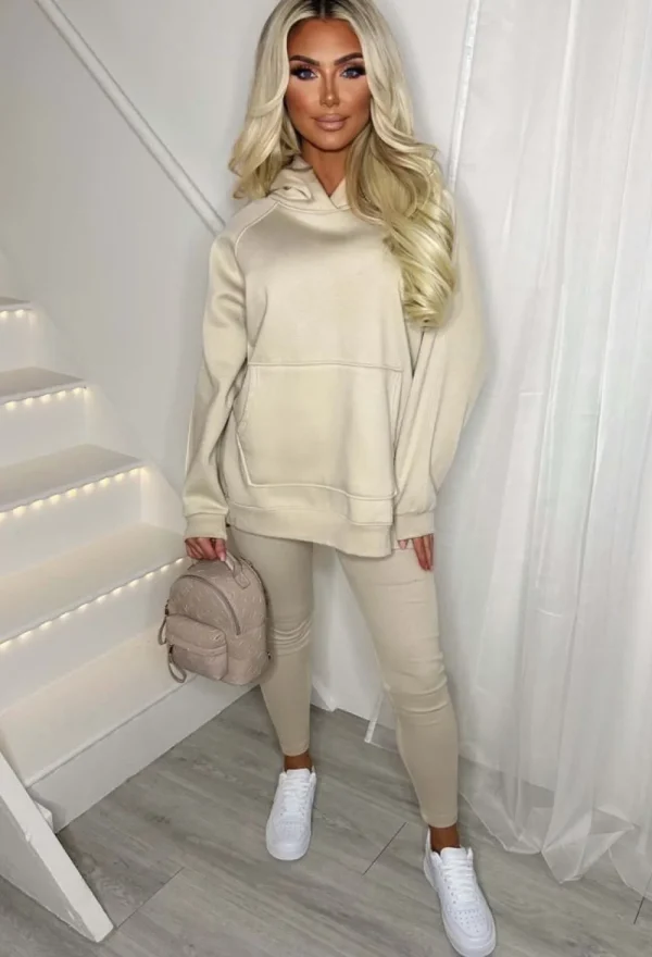 STYLEWISE Living The Life Cream Oversized Hood With Ribbed Leggings Two Piece Loungewear Set<Women Loungewear