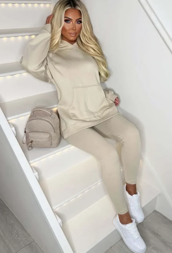 STYLEWISE Living The Life Cream Oversized Hood With Ribbed Leggings Two Piece Loungewear Set<Women Loungewear