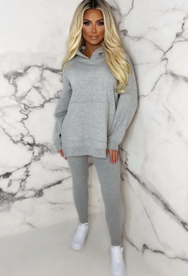 STYLEWISE Living The Life Grey Marl Oversized Hoodie With Ribbed Legging Two Piece Loungewear Set<Women Loungewear