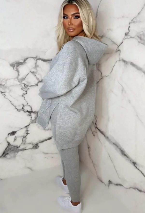 STYLEWISE Living The Life Grey Marl Oversized Hoodie With Ribbed Legging Two Piece Loungewear Set<Women Loungewear