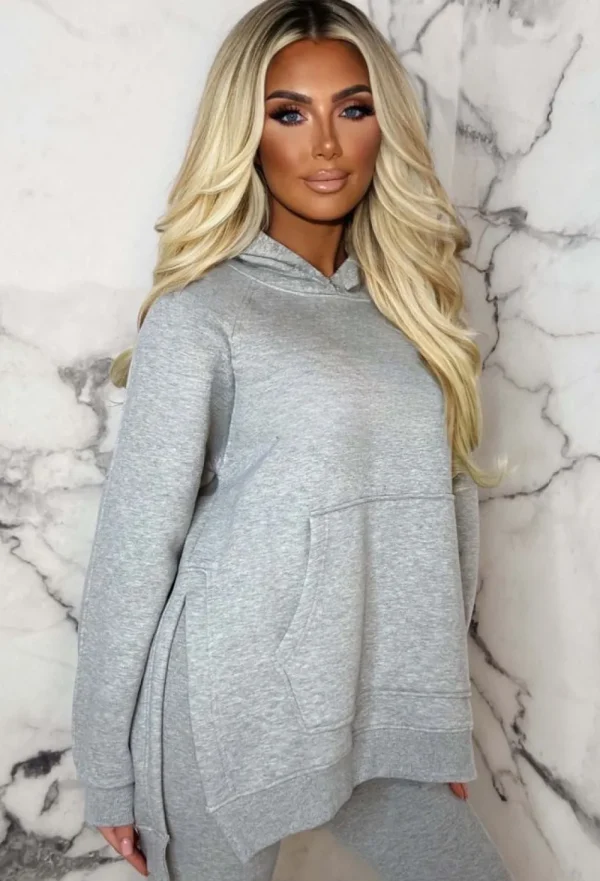 STYLEWISE Living The Life Grey Marl Oversized Hoodie With Ribbed Legging Two Piece Loungewear Set<Women Loungewear