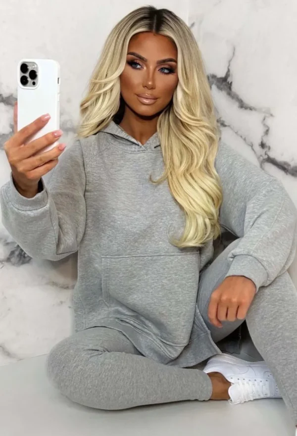 STYLEWISE Living The Life Grey Marl Oversized Hoodie With Ribbed Legging Two Piece Loungewear Set<Women Loungewear