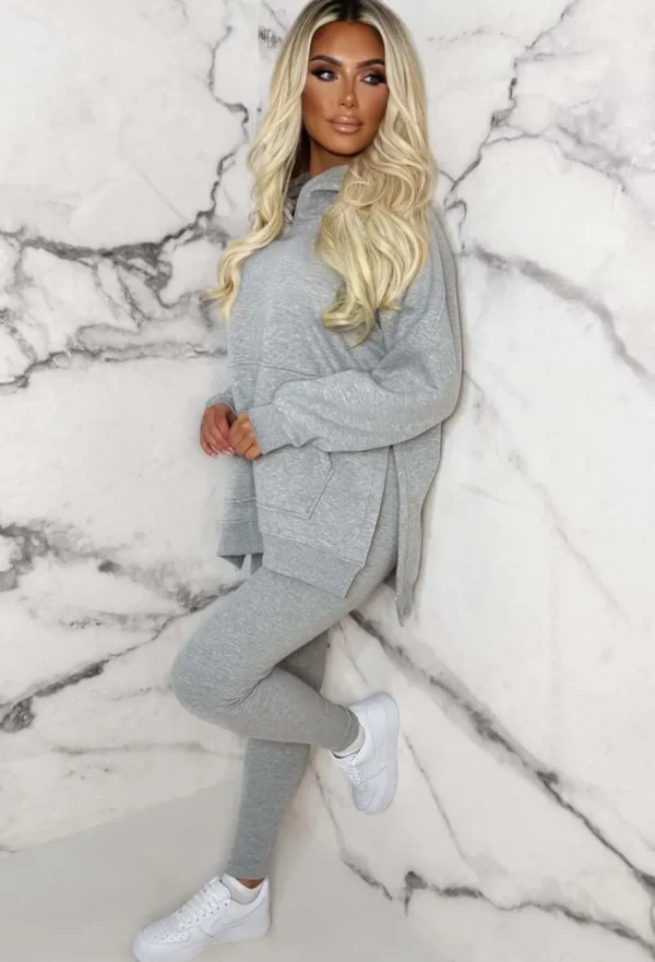 STYLEWISE Living The Life Grey Marl Oversized Hoodie With Ribbed Legging Two Piece Loungewear Set<Women Loungewear