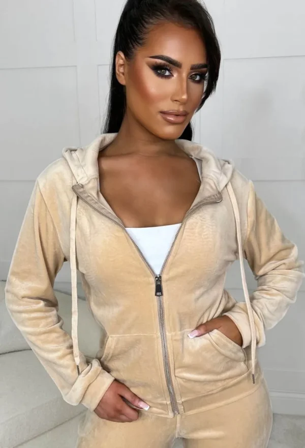 BABEZ Lounge Season Beige Velour Hooded Zip Up Loungewear Set<Women Loungewear