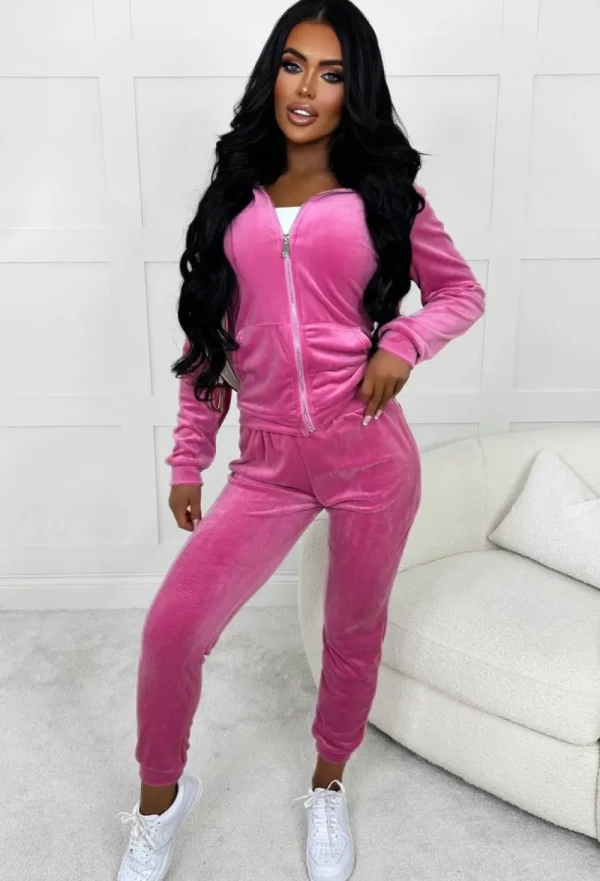 BABEZ Lounge Season Pink Velour Hooded Zip Up Loungewear Set<Women Loungewear