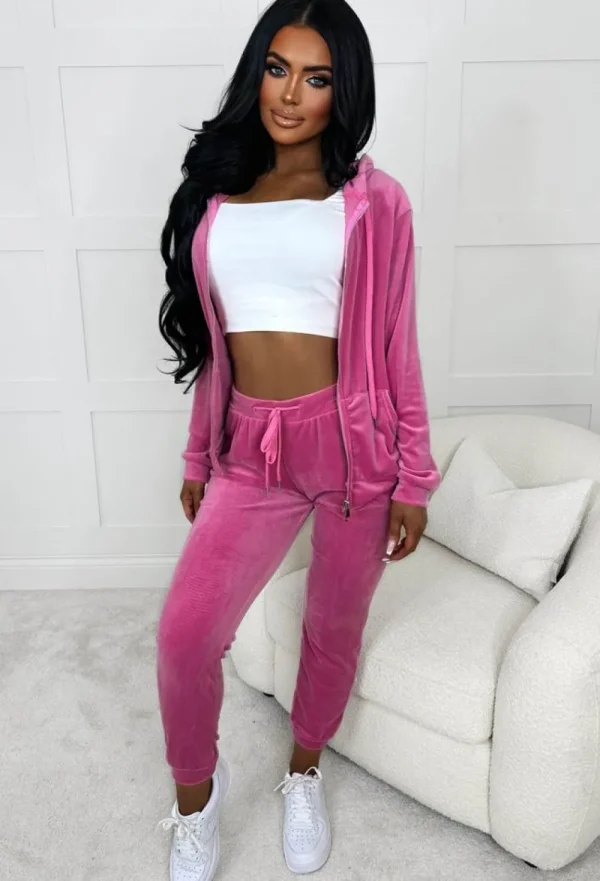 BABEZ Lounge Season Pink Velour Hooded Zip Up Loungewear Set<Women Loungewear