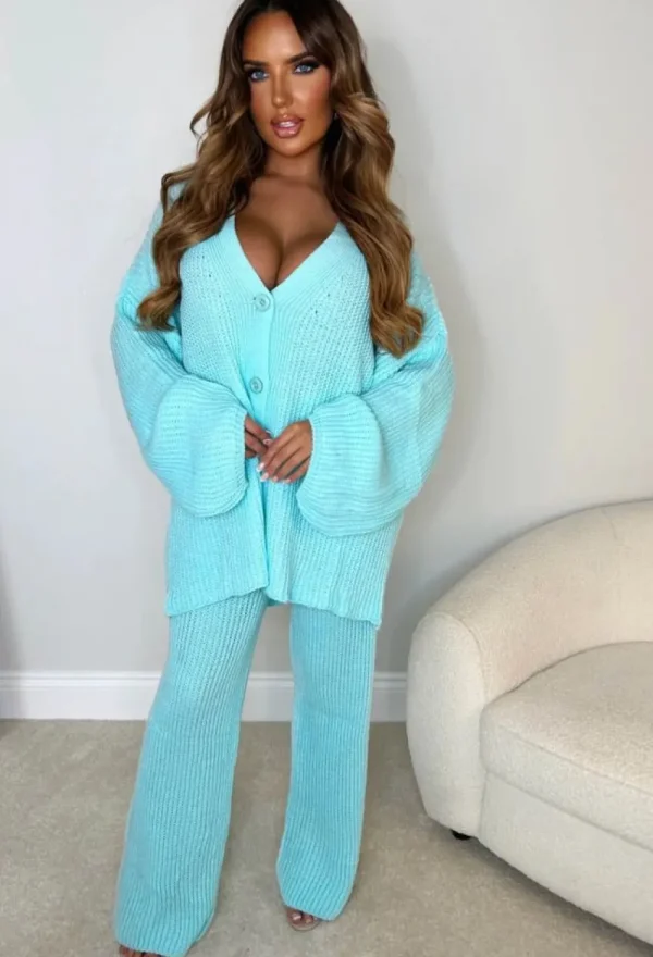 J5 FASHION Lounging About Mint Green Two Piece Oversized Knitted Cardigan & Trouser Loungewear Set<Women Gifts