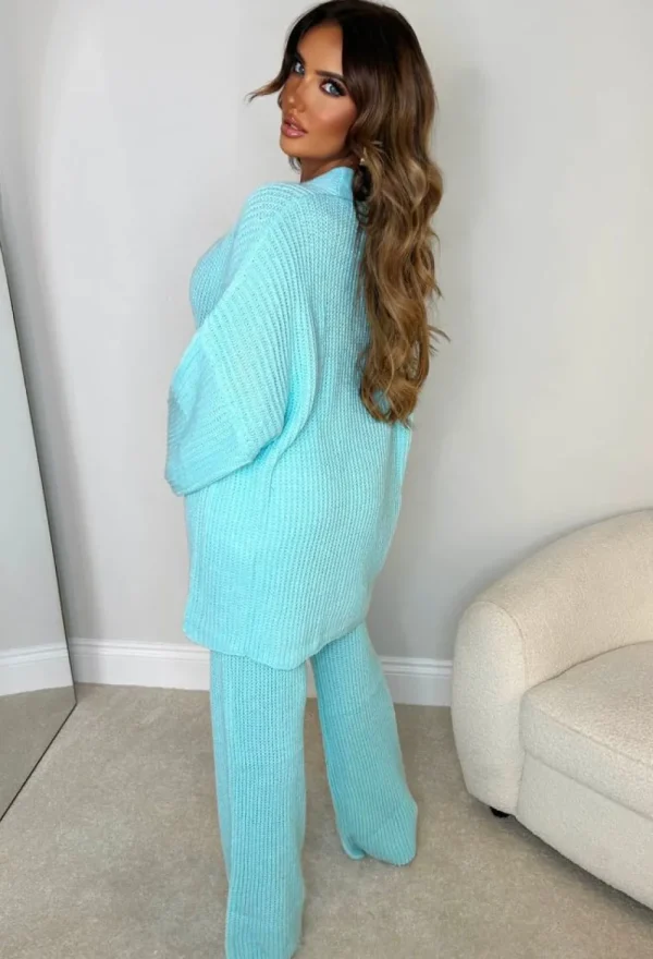 J5 FASHION Lounging About Mint Green Two Piece Oversized Knitted Cardigan & Trouser Loungewear Set<Women Gifts