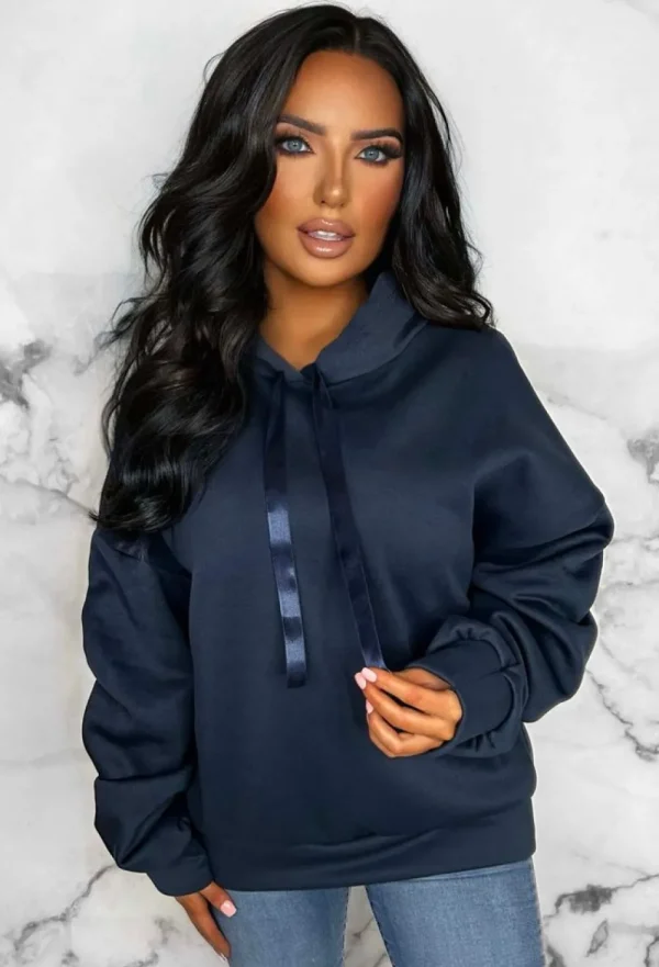 J5 FASHION Lounging Around Navy Ruched Sleeve Hooded Sweatshirt<Women Loungewear