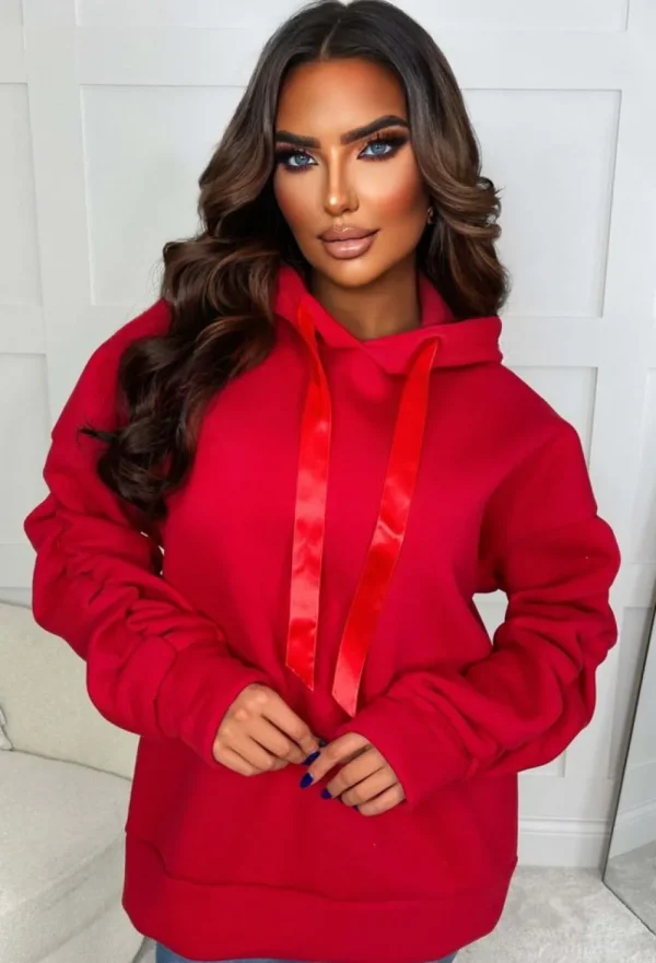 J5 FASHION Lounging Around Red Ruched Sleeve Hooded Sweatshirt<Women Loungewear