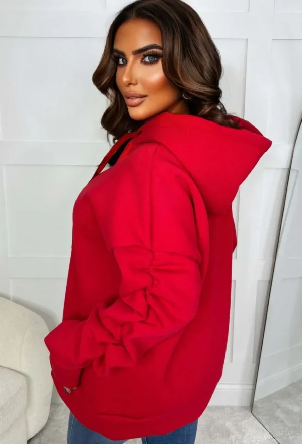 J5 FASHION Lounging Around Red Ruched Sleeve Hooded Sweatshirt<Women Loungewear