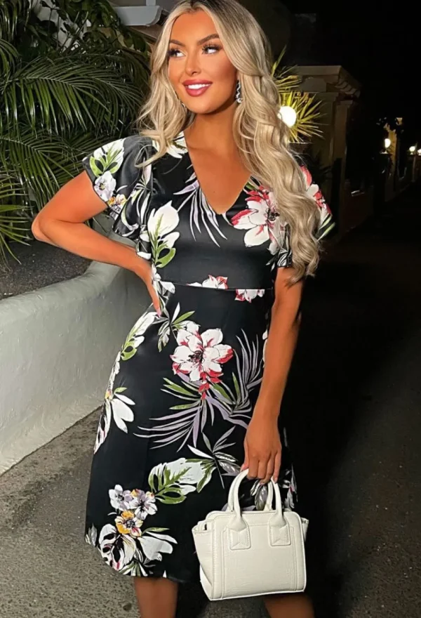 LILY WHITE Love Flowers Black Floral V Neck Midi Dress<Women Summer Dresses