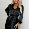 HNATALIE Love In The Dark Black Feather Cuff Silky Satin Robe & Cami Night Dress Set<Women Gifts