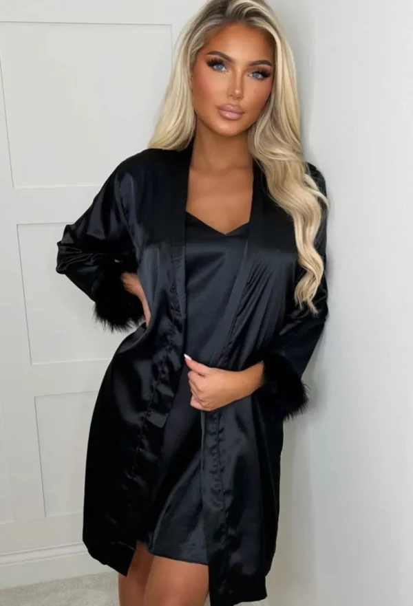 HNATALIE Love In The Dark Black Feather Cuff Silky Satin Robe & Cami Night Dress Set<Women Gifts