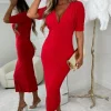 SOFT TOUCH Love Me Always Red Ruched Stretch Midi Dress<Women Dresses