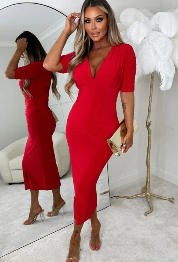 SOFT TOUCH Love Me Always Red Ruched Stretch Midi Dress<Women Dresses