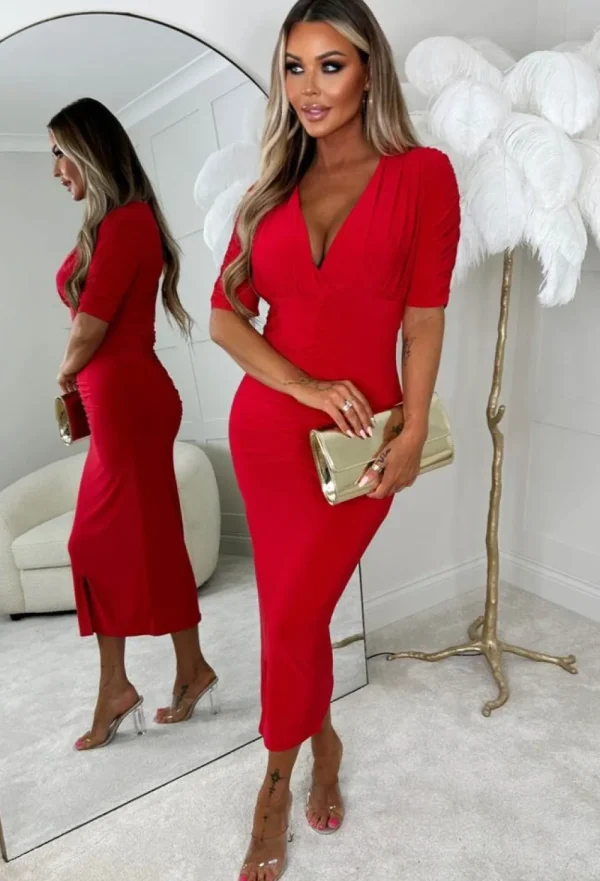 SOFT TOUCH Love Me Always Red Ruched Stretch Midi Dress<Women Dresses