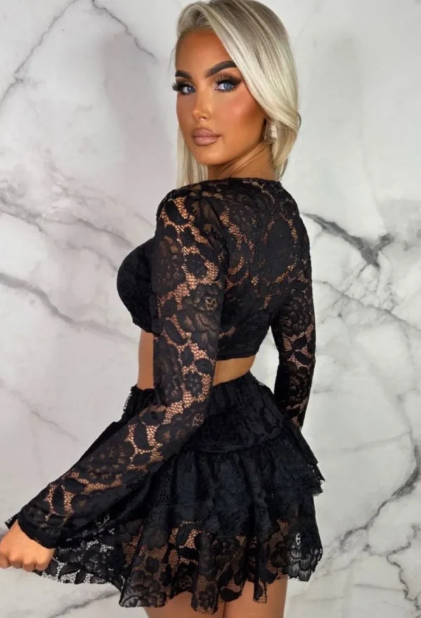 STYLEWISE Love Of Lace Black Lace Rara Skirt Co-Ord Set<Women Co-Ords