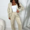 STYLEWISE Love On Replay Beige Bomber Jacket And Straight Leg Jogger Loungewear Set<Women Loungewear