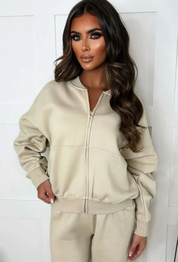 STYLEWISE Love On Replay Beige Bomber Jacket And Straight Leg Jogger Loungewear Set<Women Loungewear