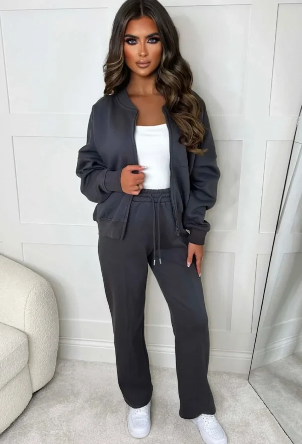 STYLEWISE Love On Replay Grey Bomber Jacket And Straight Leg Jogger Loungewear Set<Women Loungewear