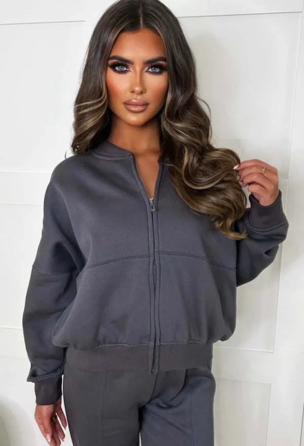 STYLEWISE Love On Replay Grey Bomber Jacket And Straight Leg Jogger Loungewear Set<Women Loungewear