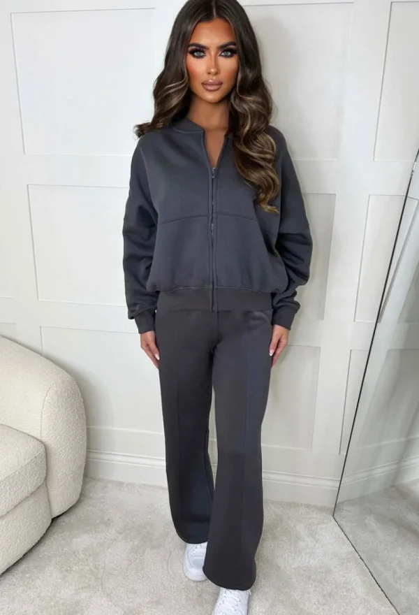 STYLEWISE Love On Replay Grey Bomber Jacket And Straight Leg Jogger Loungewear Set<Women Loungewear