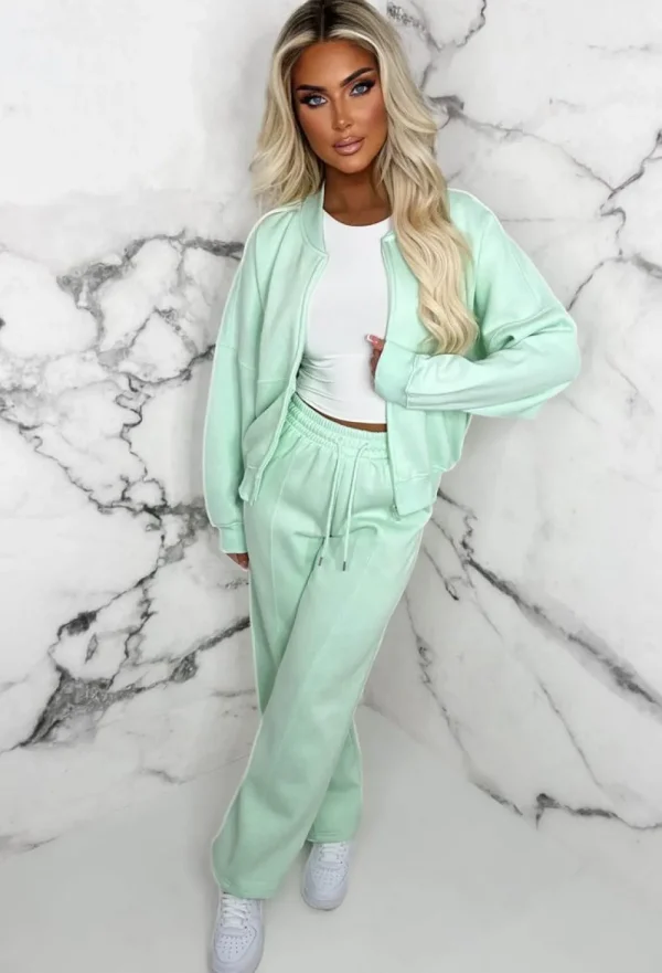 STYLEWISE Love On Replay Mint Green Bomber Jacket And Straight Leg Jogger Loungwear Set<Women Loungewear