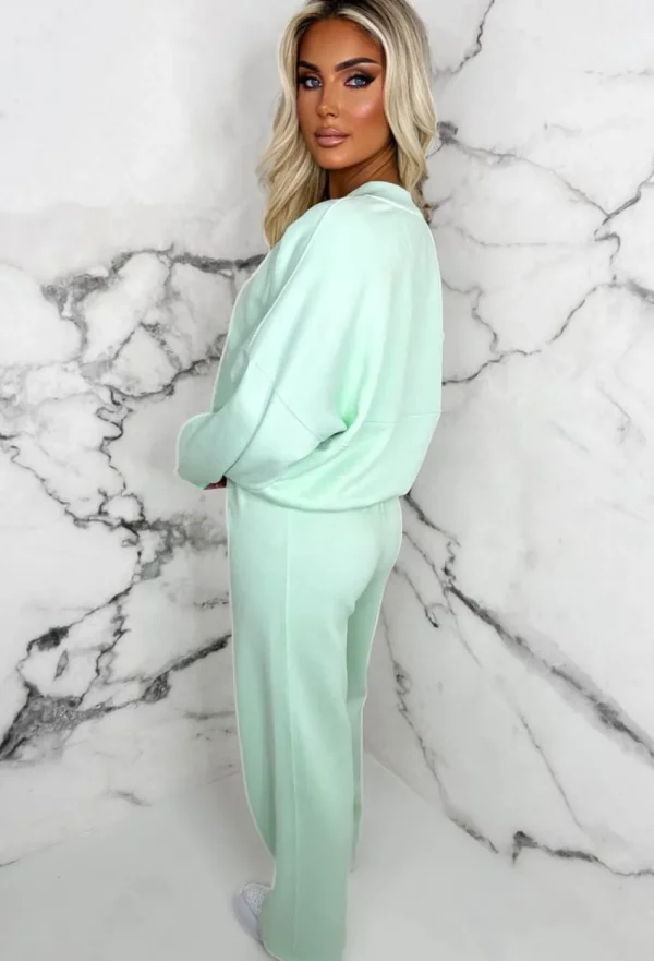 STYLEWISE Love On Replay Mint Green Bomber Jacket And Straight Leg Jogger Loungwear Set<Women Loungewear