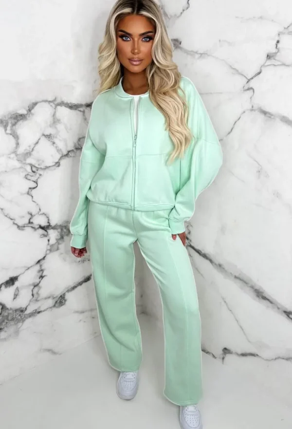 STYLEWISE Love On Replay Mint Green Bomber Jacket And Straight Leg Jogger Loungwear Set<Women Loungewear