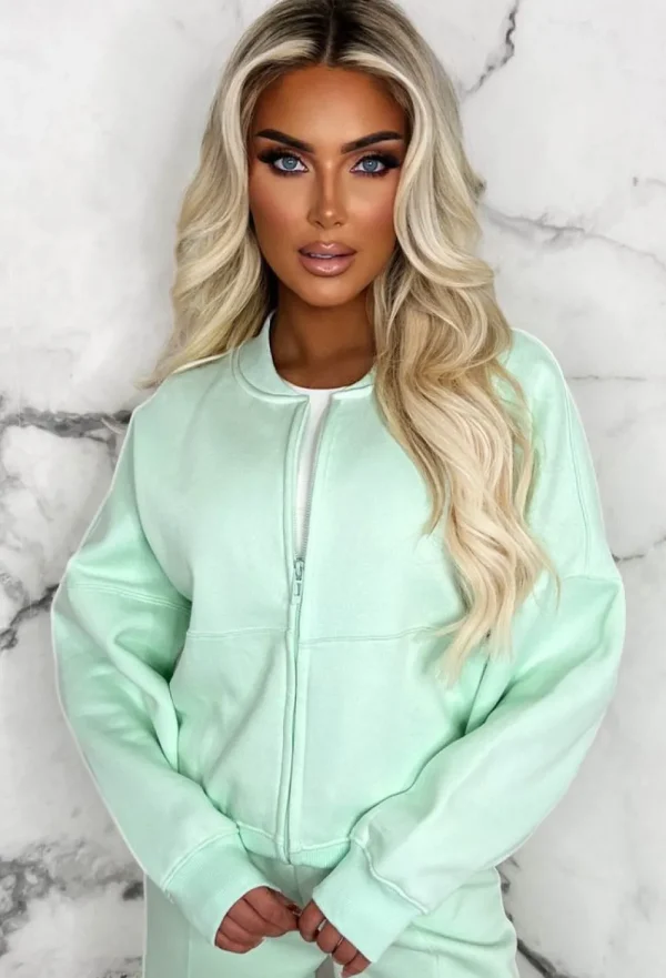 STYLEWISE Love On Replay Mint Green Bomber Jacket And Straight Leg Jogger Loungwear Set<Women Loungewear