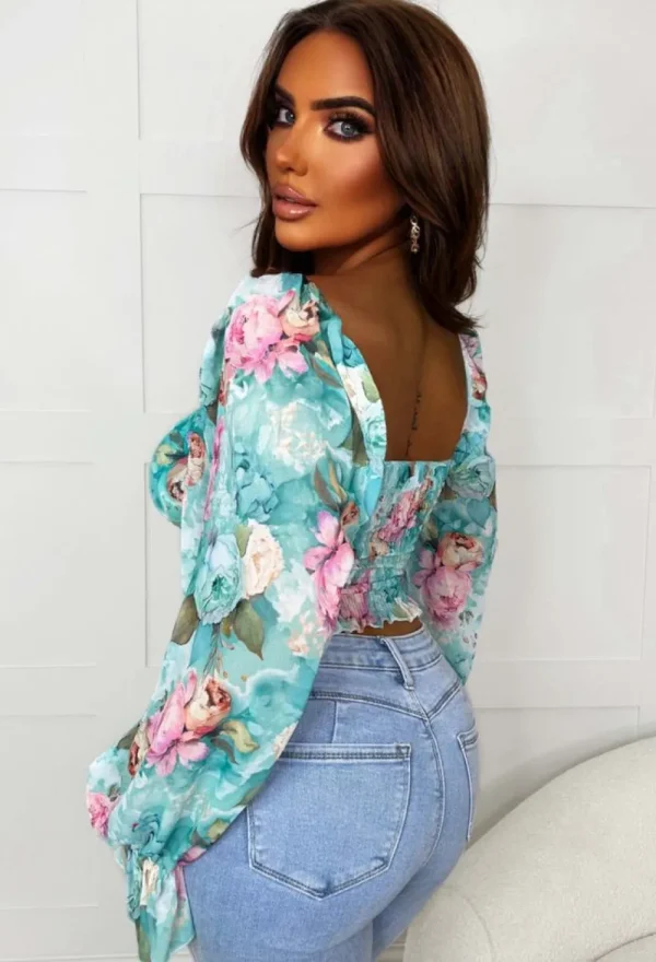 INFINITY Loyal Love Teal Floral Milkmaid Mesh Top<Women Tops