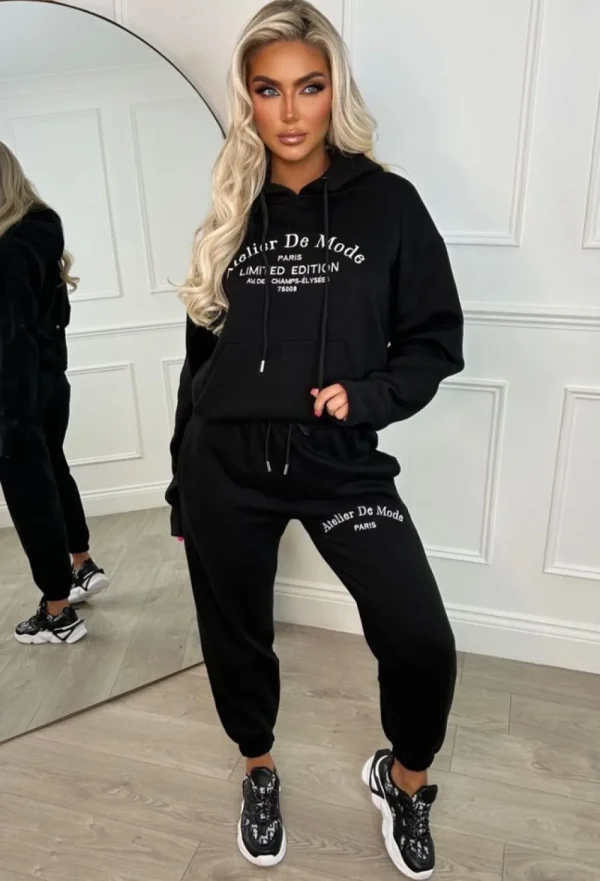 STYLEWISE Ltd Edition Black Embroidered Hooded Two-Piece Loungewear Set<Women Gifts