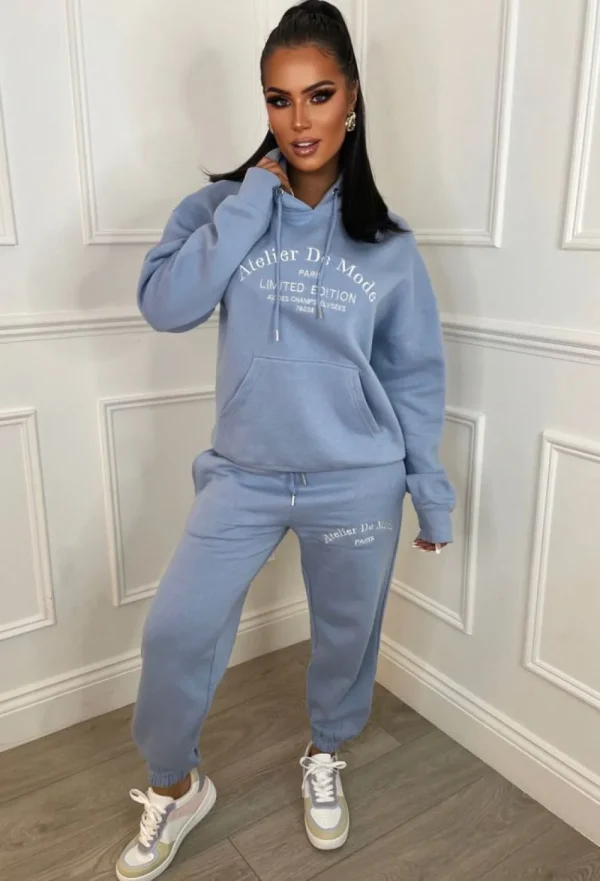 STYLEWISE Ltd Edition Blue Embroidered Hooded Two Piece Loungewear Set<Women Loungewear