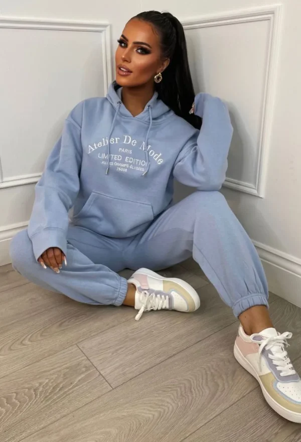 STYLEWISE Ltd Edition Blue Embroidered Hooded Two Piece Loungewear Set<Women Loungewear