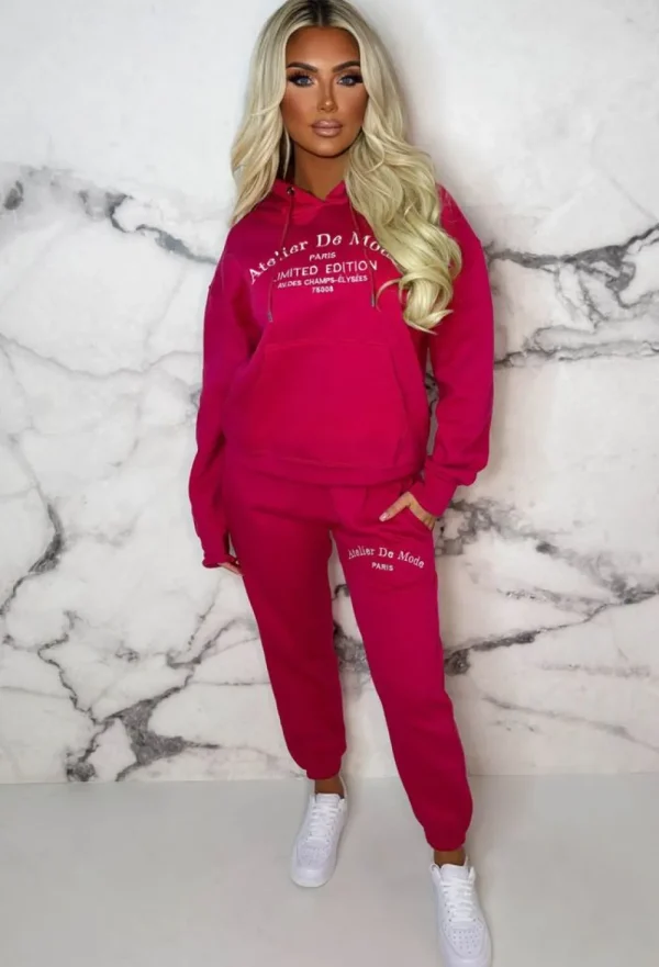 STYLEWISE Ltd Edition Hot Pink Embroidered Hooded Two Piece Loungewear Set<Women Loungewear