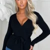 SHK Lucky Charm Black Tie Waist Wrap Knitted Jumper<Women Tops