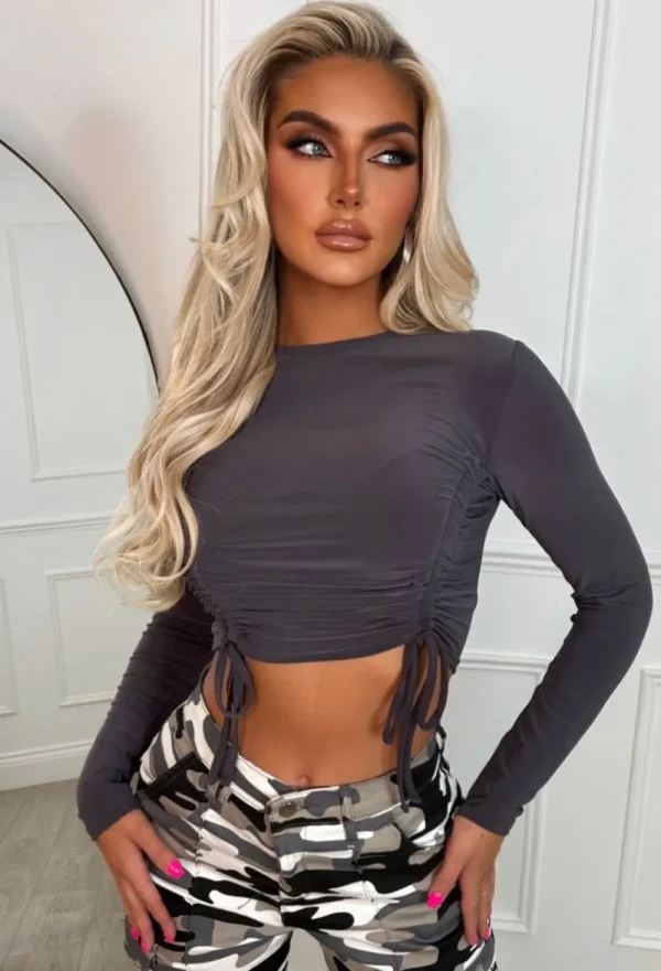 SOFT TOUCH Luxe Affection Grey Drawstring Ruched Front Top<Women Crop Tops & Bralets