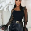 LEA MODE Luxe Delight Black Sheer Puff Sleeve Top<Women Tops