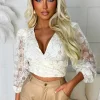 LILY WHITE Luxe Luster Cream Flower Mesh Sequin Wrap Top Limited Edition<Women Tops