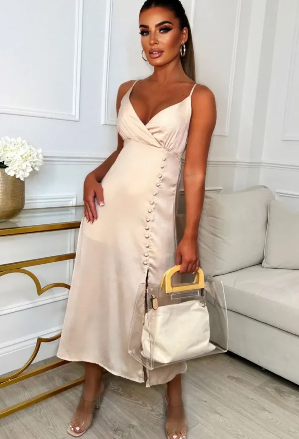 LILY WHITE Luxury Glamour Beige Button Skirt Cami Midi Dress<Women Summer Dresses