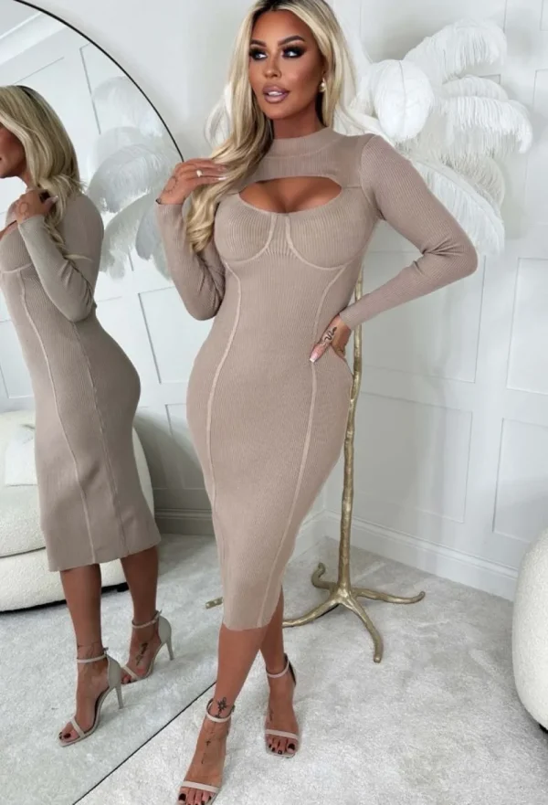 GOLDEN DAYS Luxury Illusion Beige Body Couture Knitted Midi Dress<Women Dresses