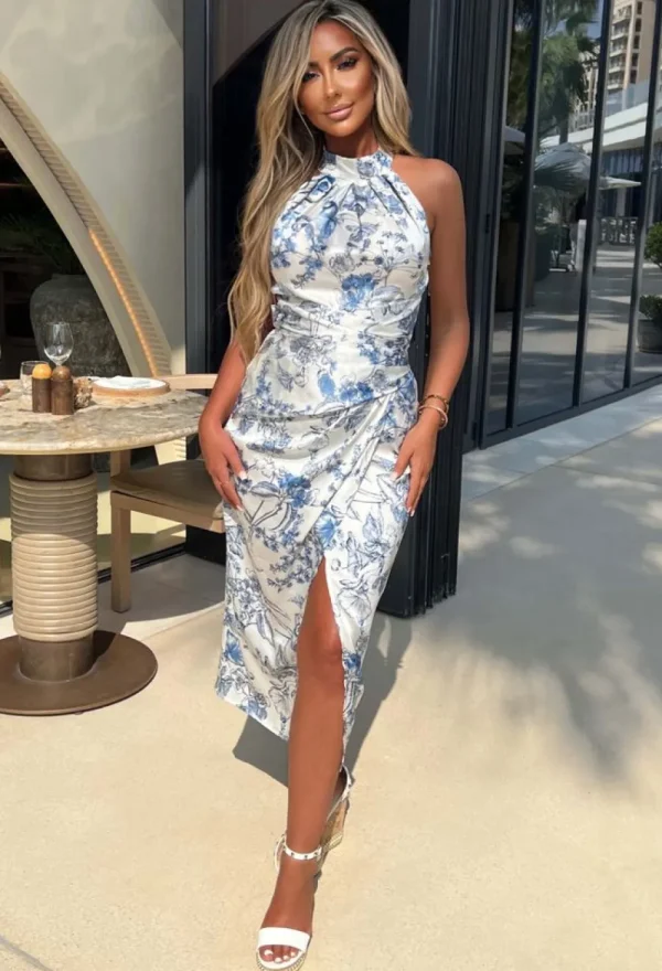 VJK Luxury Moment Blue Satin Printed Ruched Halterneck Midi Dress<Women Dresses