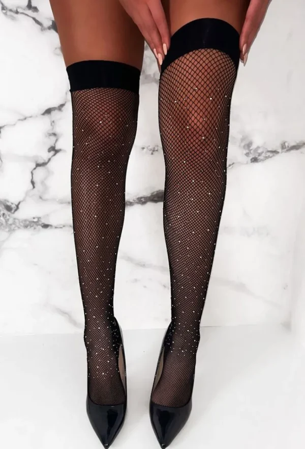 HNATALIE Made Of Diamonds Black Diamante Fishnet Hold Up Stockings<Women Tights