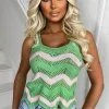 LUCCE Main Mood Green Colour Block Wave Crochet Knit Top<Women Knitwear