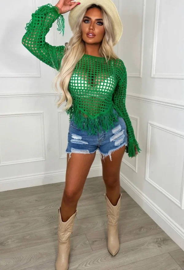 LUCCE Match My Vibe Green Crochet Tassel Top<Women Crop Tops & Bralets