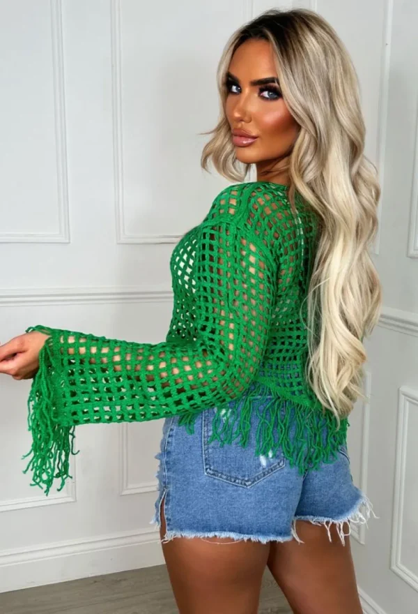 LUCCE Match My Vibe Green Crochet Tassel Top<Women Crop Tops & Bralets