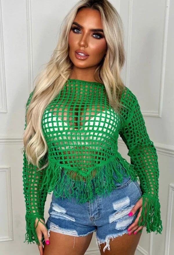 LUCCE Match My Vibe Green Crochet Tassel Top<Women Crop Tops & Bralets